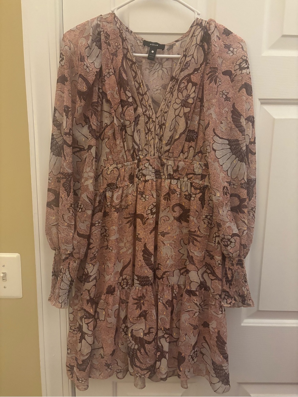 Aqua Brown and Pink Floral Tiered V-Neck Long Sleeve Dress
